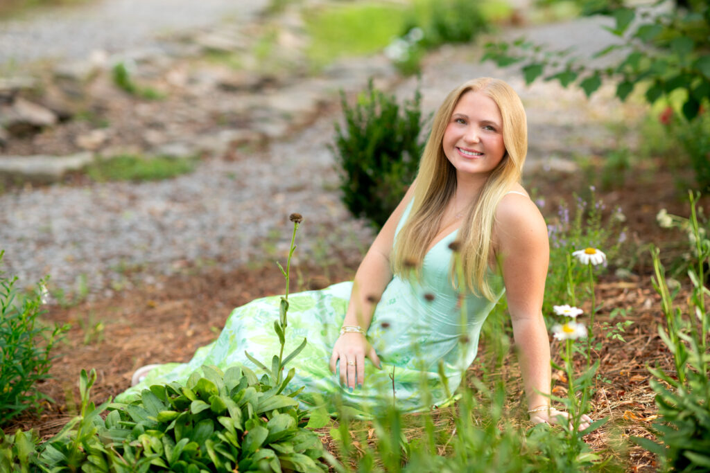 Strawberry Patch Park, Madison, MS, Central MS Senior girl, Girl in sundress sitting in flower garden. 